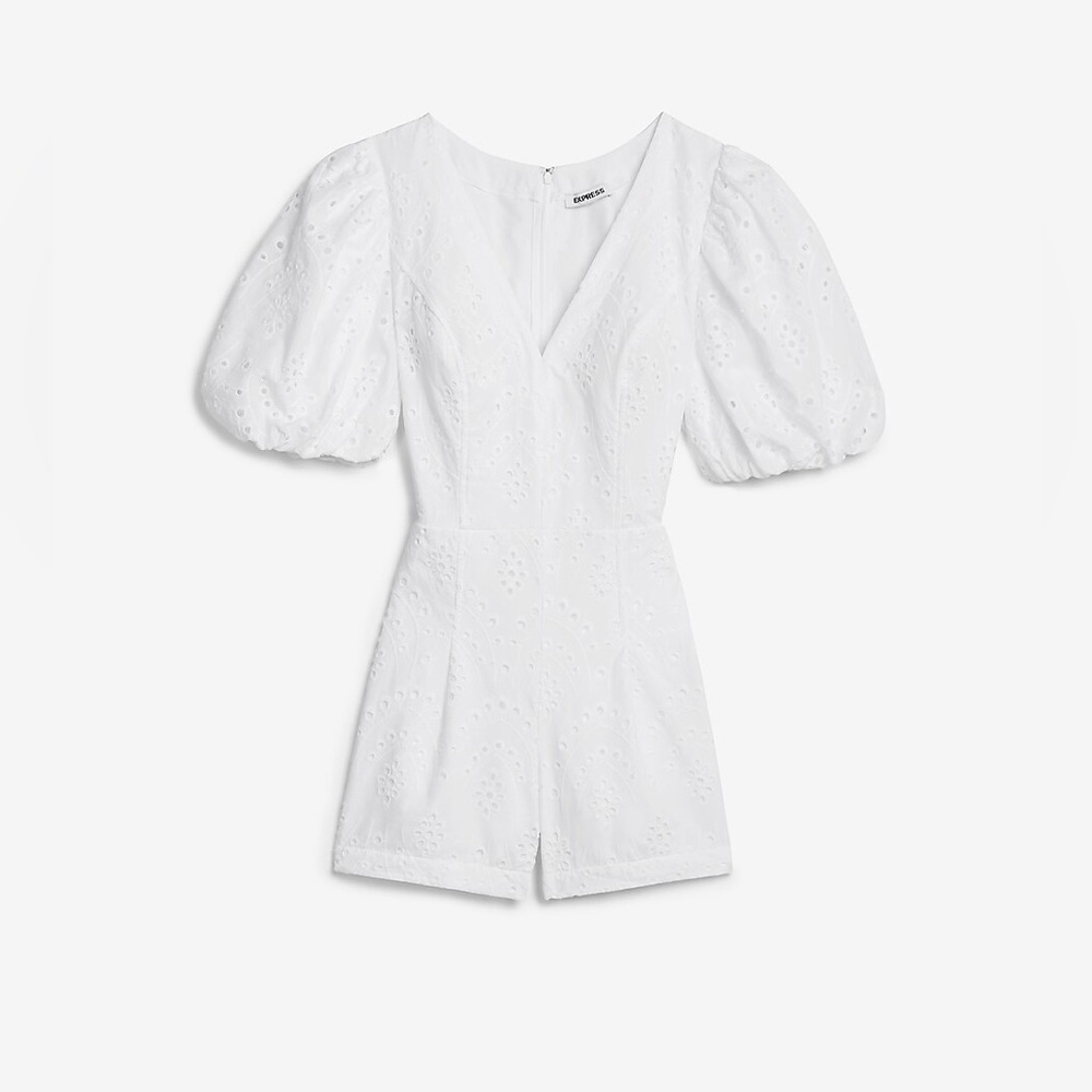Express Eyelet Lace Puff Sleeve Romper White Size Large - Picture 2 of 14
